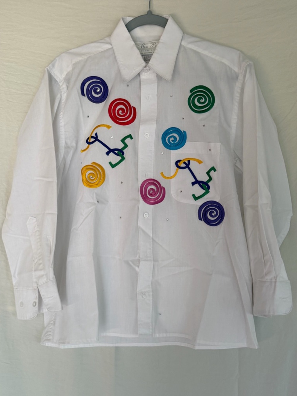 Miss Priss Vintage White Long-Sleeve Button Shirt with Colorful Swirl Embroidery
